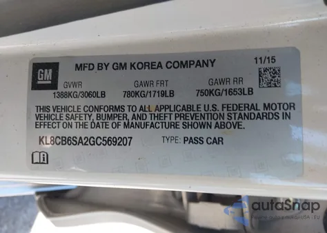 2016 Chevrolet Spark Ls Cvt z USA, uszkodzony, nr VIN KL8CB6SA2GC569207